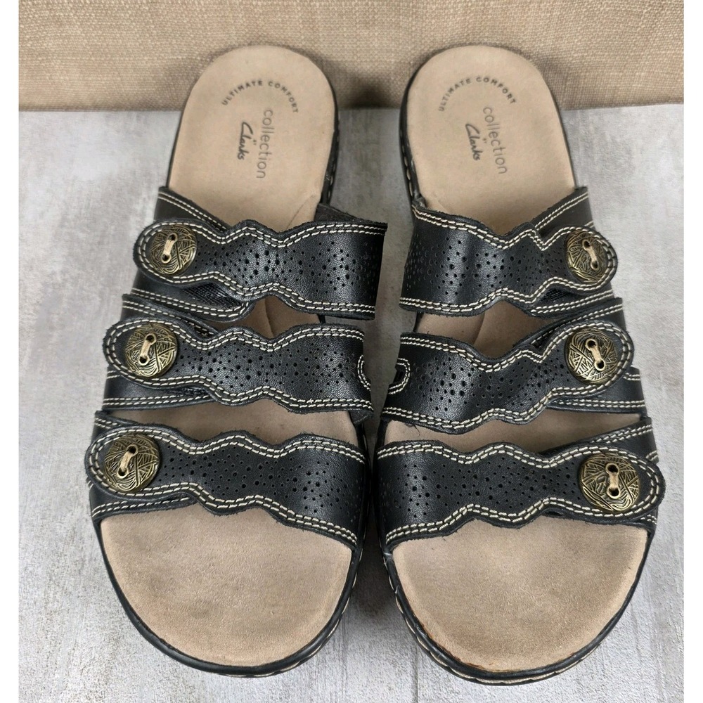 Clarks Collection Leisa Grace Sandals Black Leather Slide Slip-On Womens Size 7M